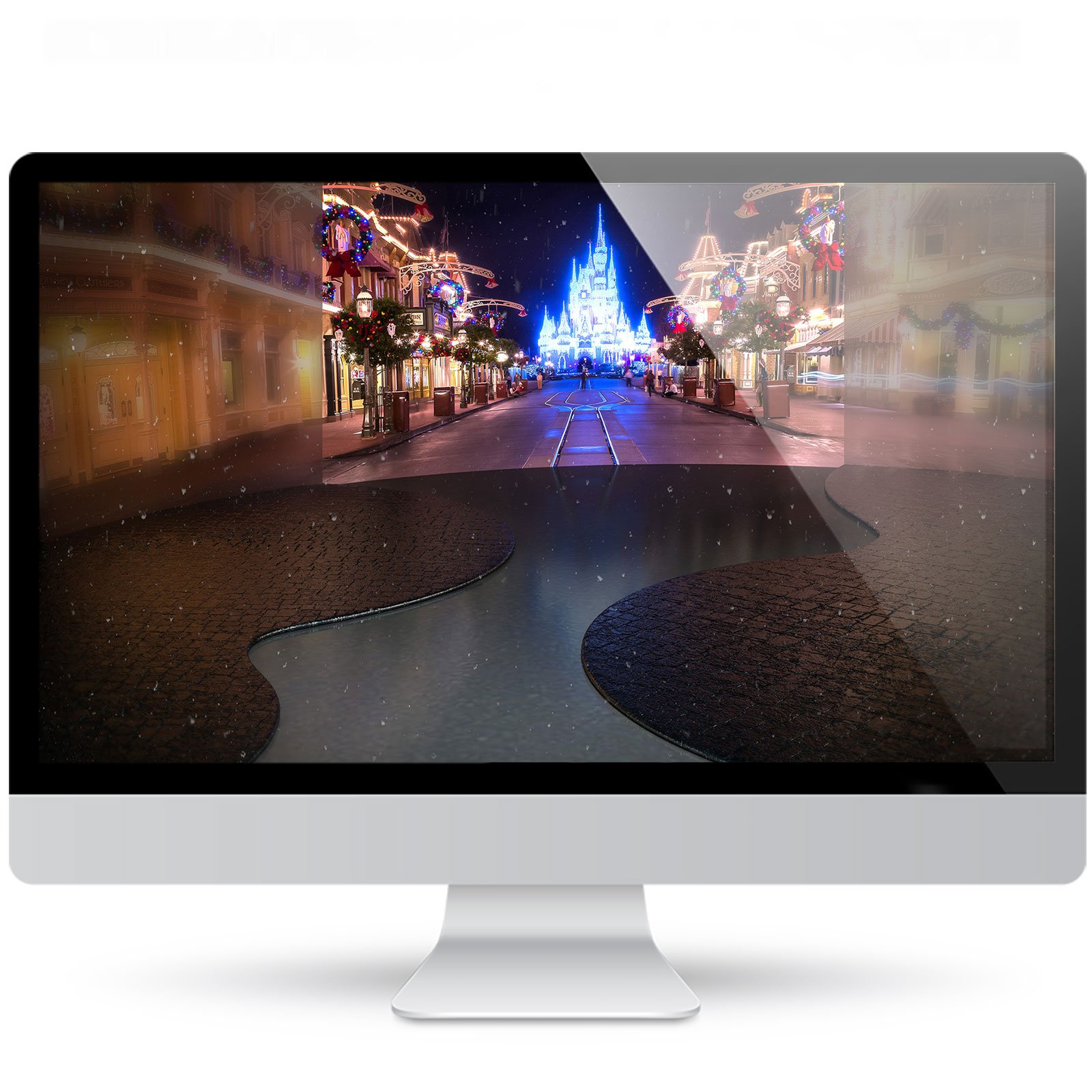 Christmasland Christmas wallpaper 4K on a desktop monitor: snowy holiday main street with a glowing blue castle