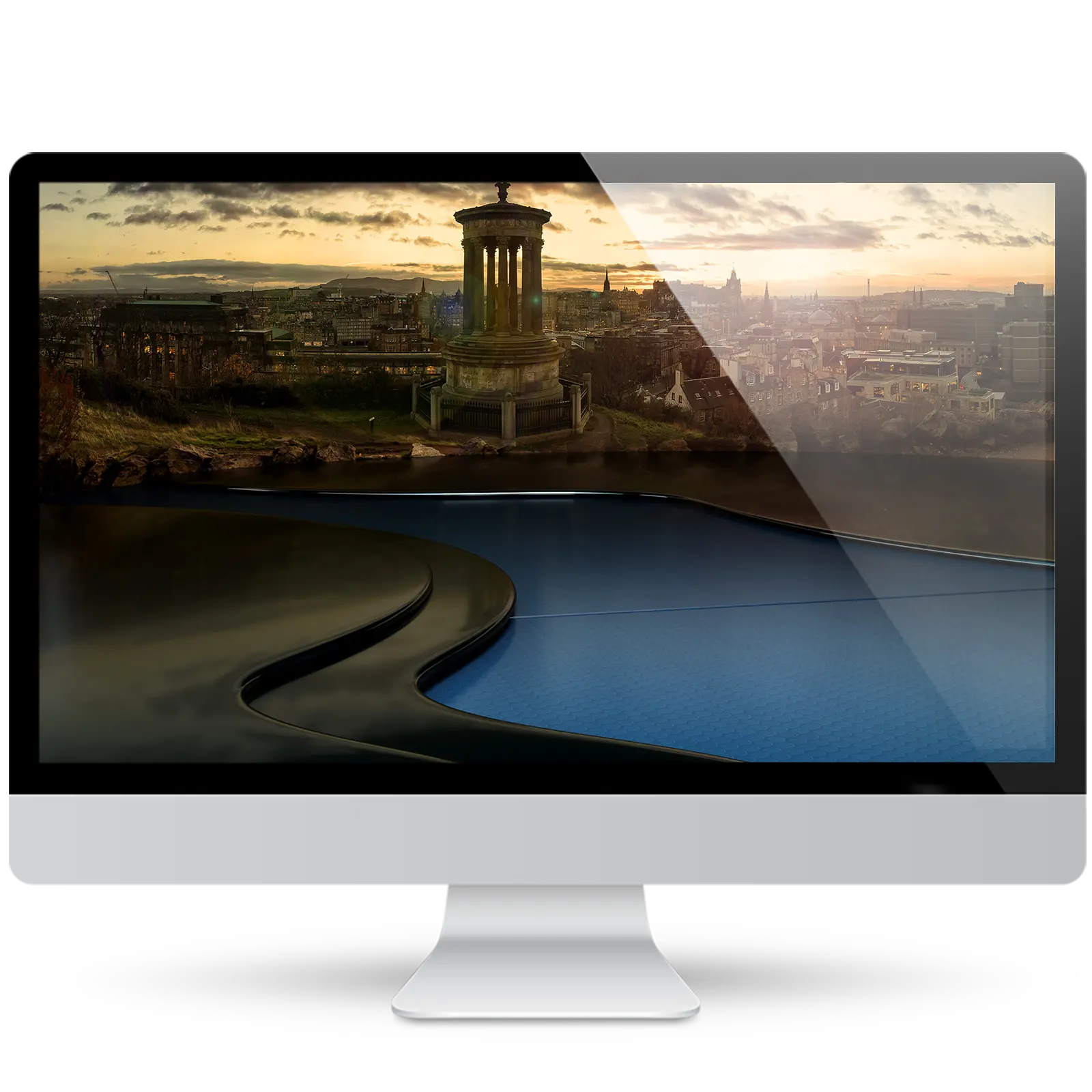 Edinburgh wallpaper: a calm sunset at dusk with a village on the shore, mountains and a dark curved 3D platform