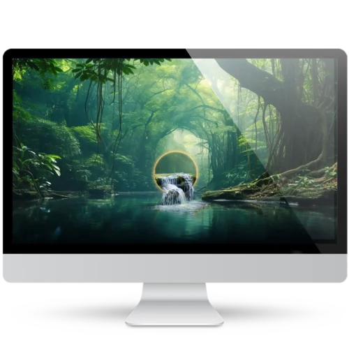Desktop monitor showing a surreal jungle wallpaper: a small waterfall flows out of a glowing golden ring into a calm emerald river, surrounded by misty rainforest and hanging vines.