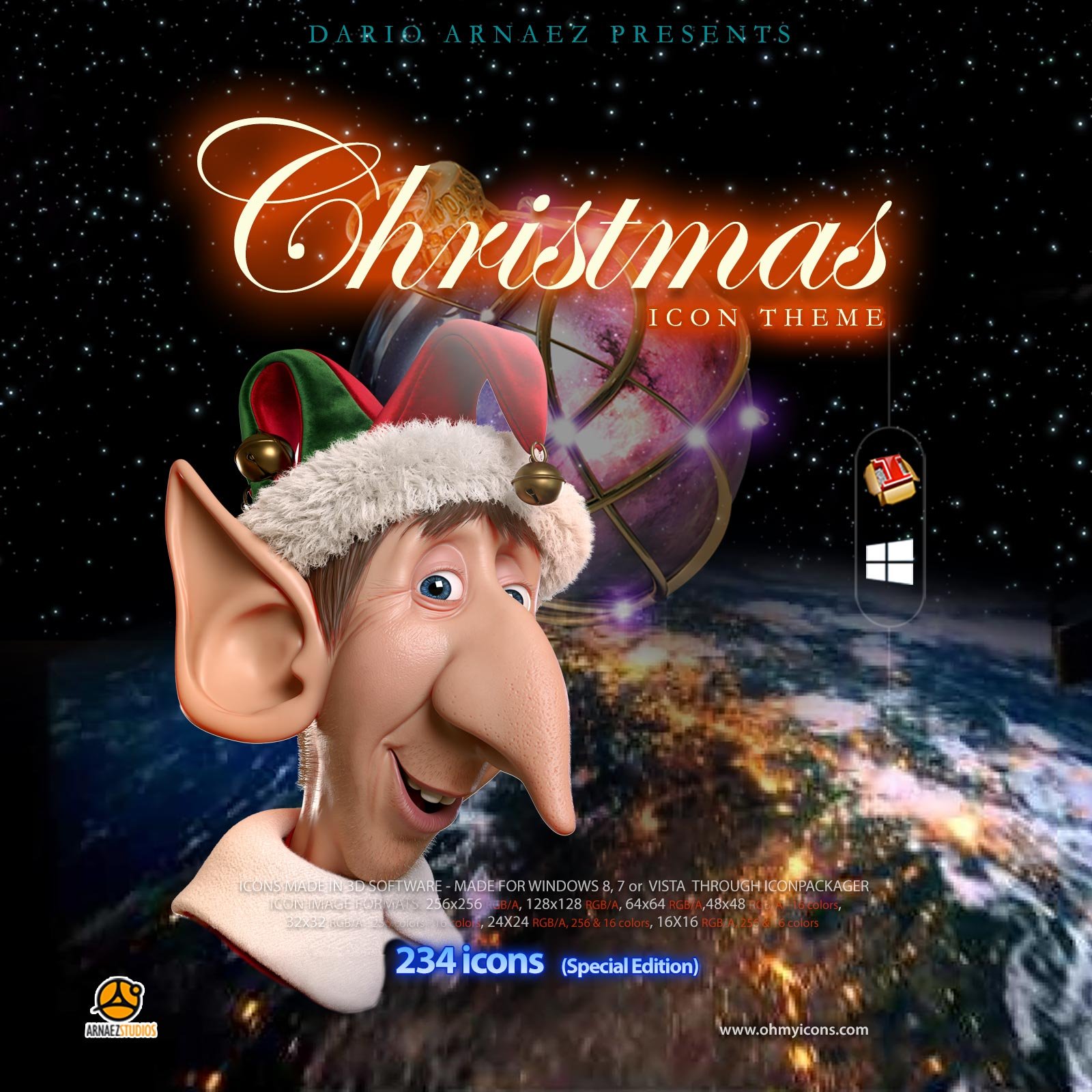 Christmas icon theme for Windows: smiling 3D elf with jester hat over Earth at night, 234 icons