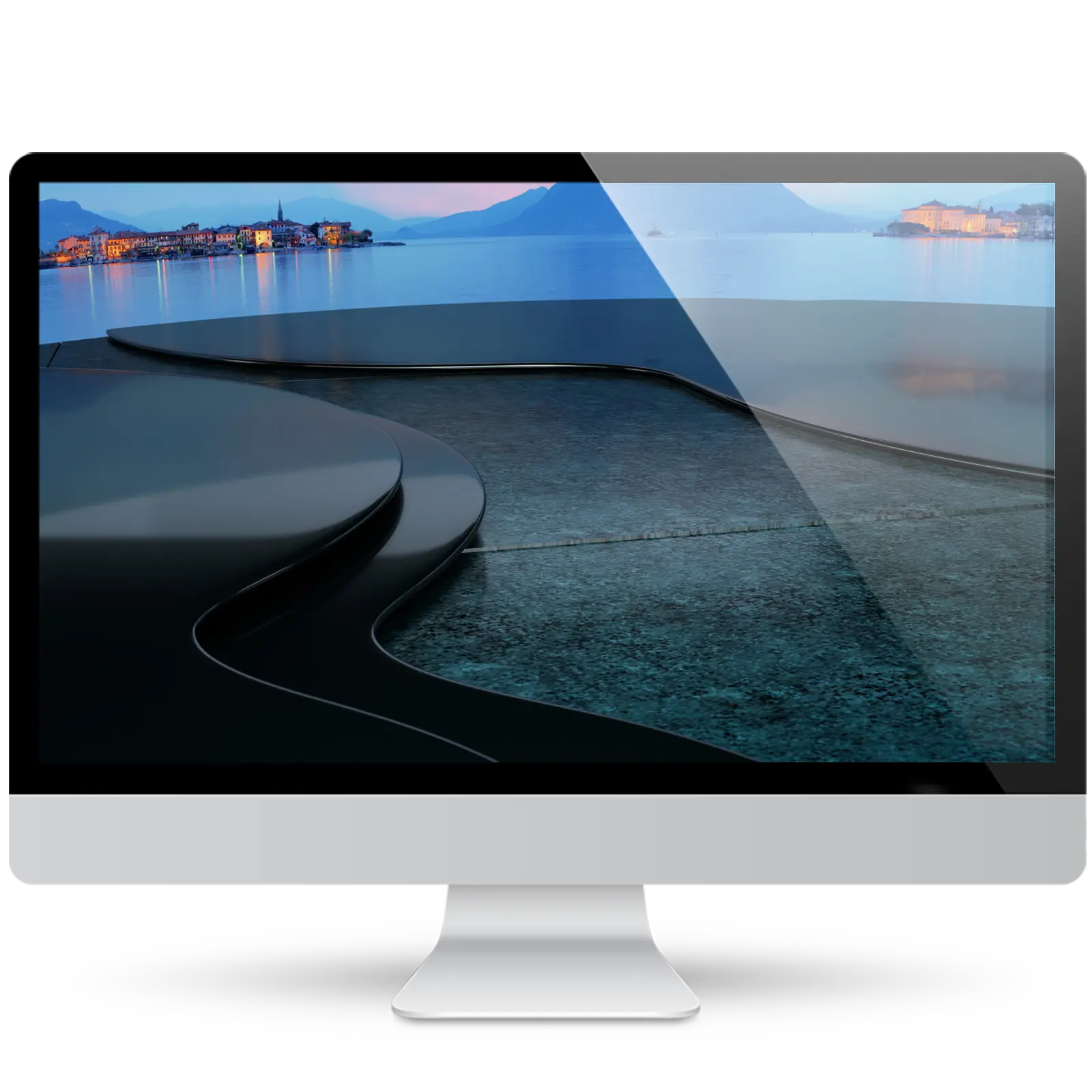 Destiny lake wallpaper: a calm blue lake at dusk with a lit village on the shore, mountains and a dark curved 3D platform