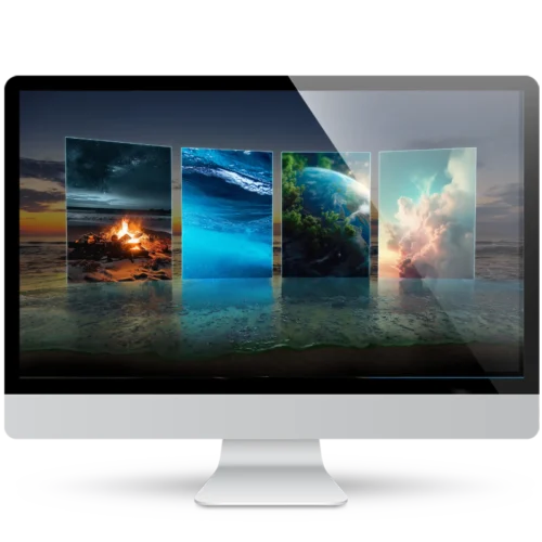 Desktop monitor showing four nature wallpapers: a beach campfire under stars, a deep blue ocean wave, Earth with green forest, and pastel clouds at sunset.