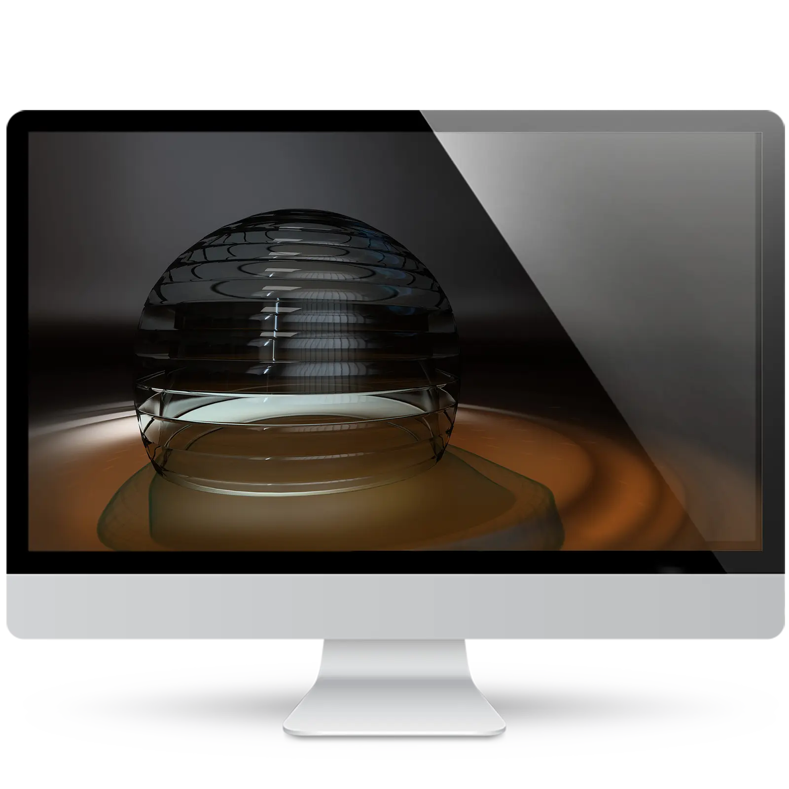 Desktop monitor showing an abstract 3D wallpaper of a ribbed glass sphere resting on rippling amber liquid against a dark gray background.