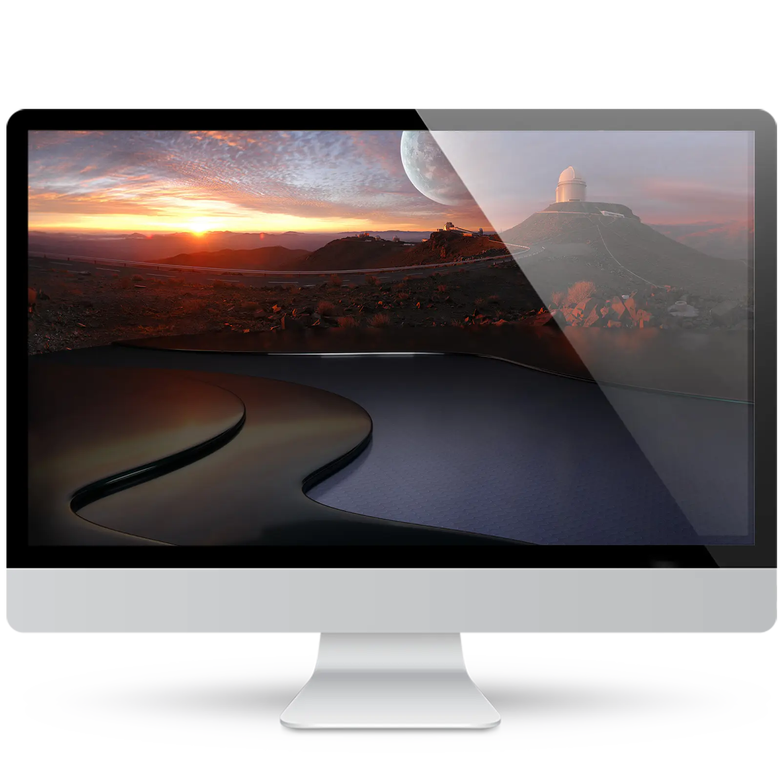 Desktop monitor showing a wallpaper of mountaintop observatory domes at sunset, with a large moon rising in the sky, above glossy curved platforms.