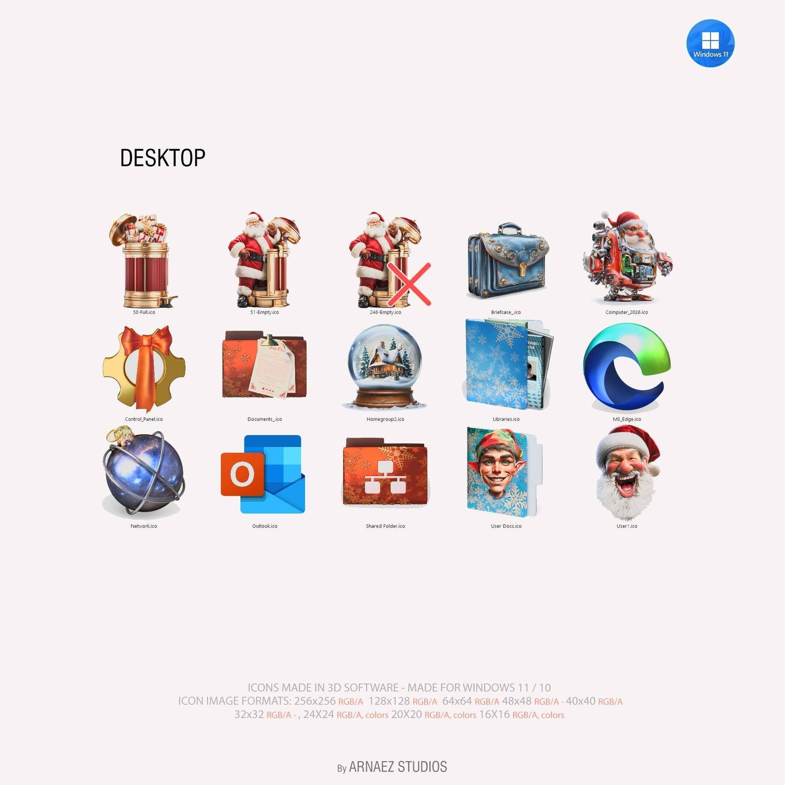 Christmas desktop icons for Windows 11: Santa trash, robot Santa computer, snow globe