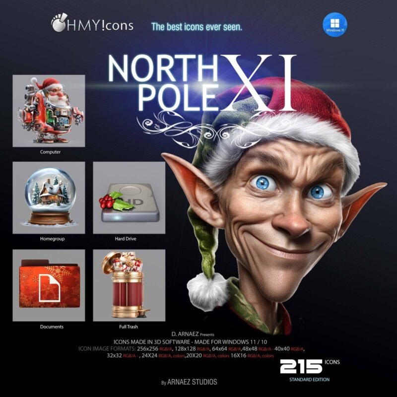 North Pole 11 Christmas icons for Windows 11 with elf cover art