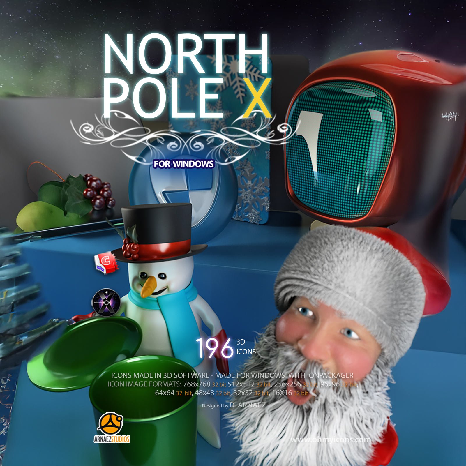 North Pole X Christmas icons for Windows 10: snowman, Santa Claus and red retro computer, 196 3D icons