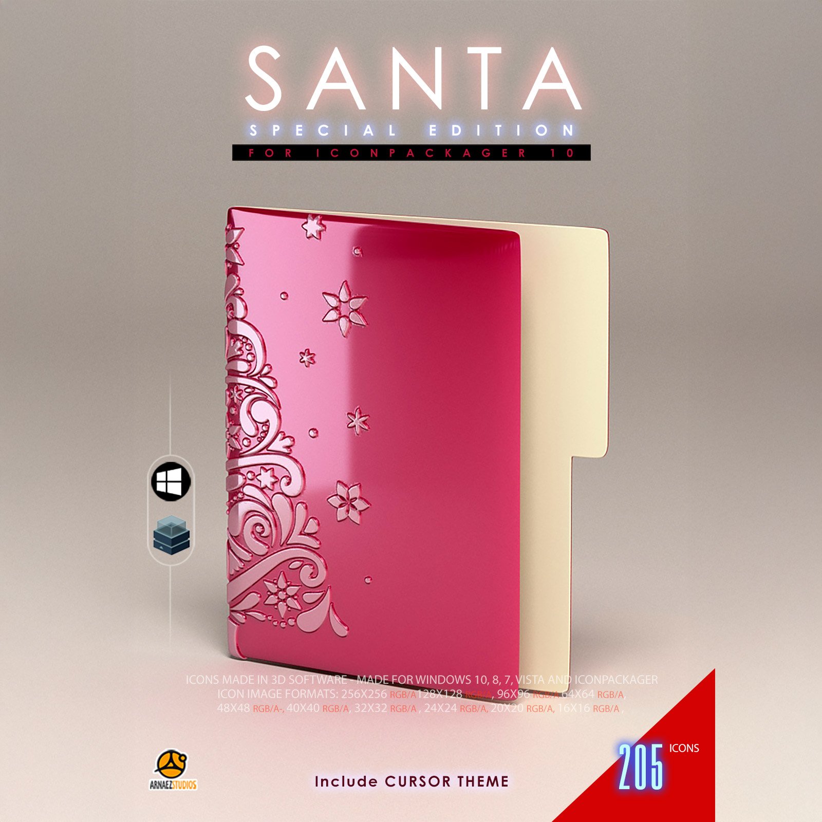 Santa icon theme for Windows: pink 3D Christmas folder with snowflake pattern, 205 icons and cursor theme