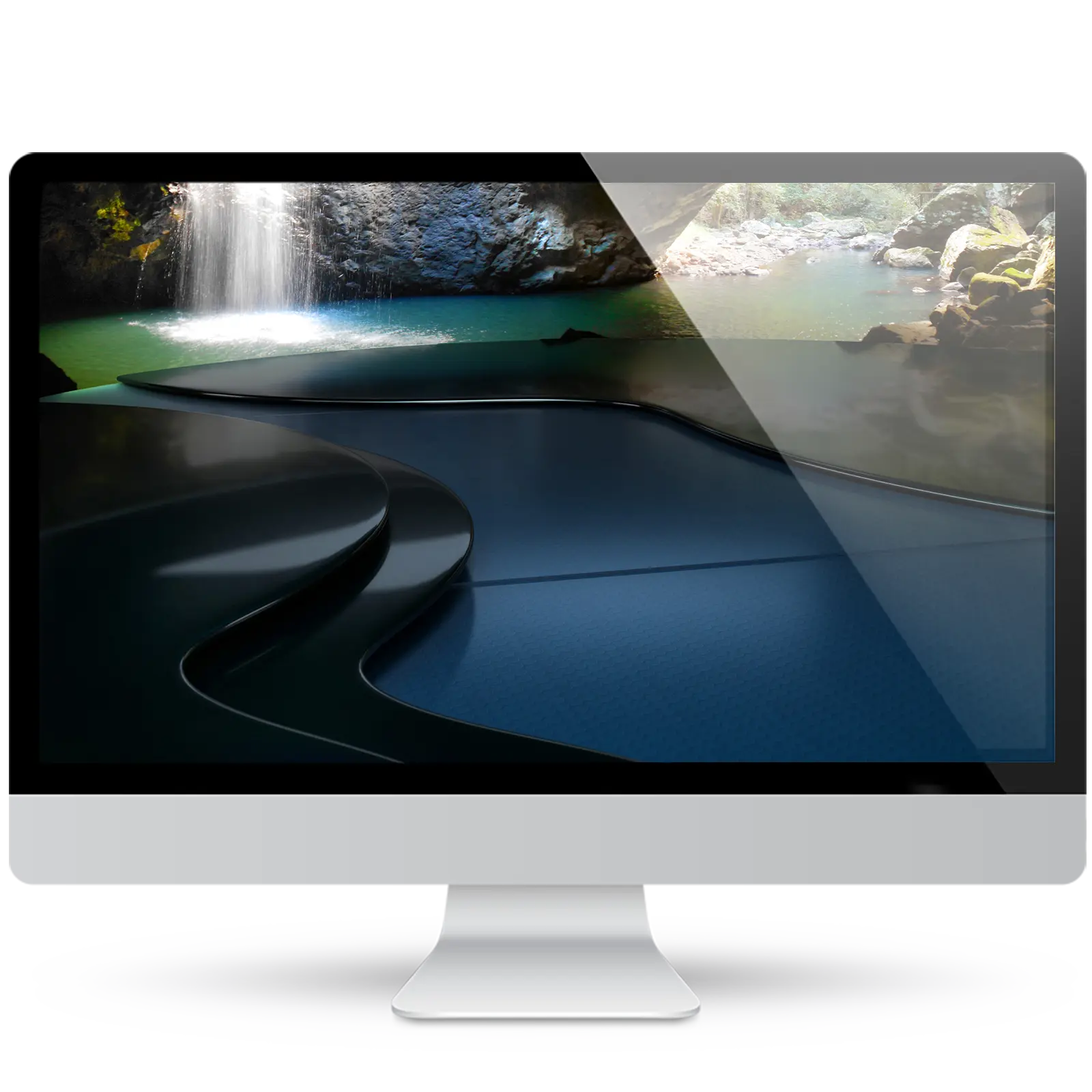 Desktop monitor showing a wallpaper of a waterfall pouring into a green pool inside a rocky cave, above glossy dark blue curved platforms.