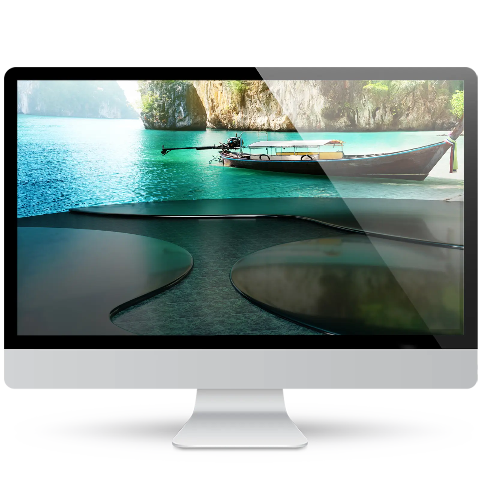 Desktop monitor showing a wallpaper of a Thai long-tail boat on turquoise water beside limestone cliffs, above glossy curved platforms.