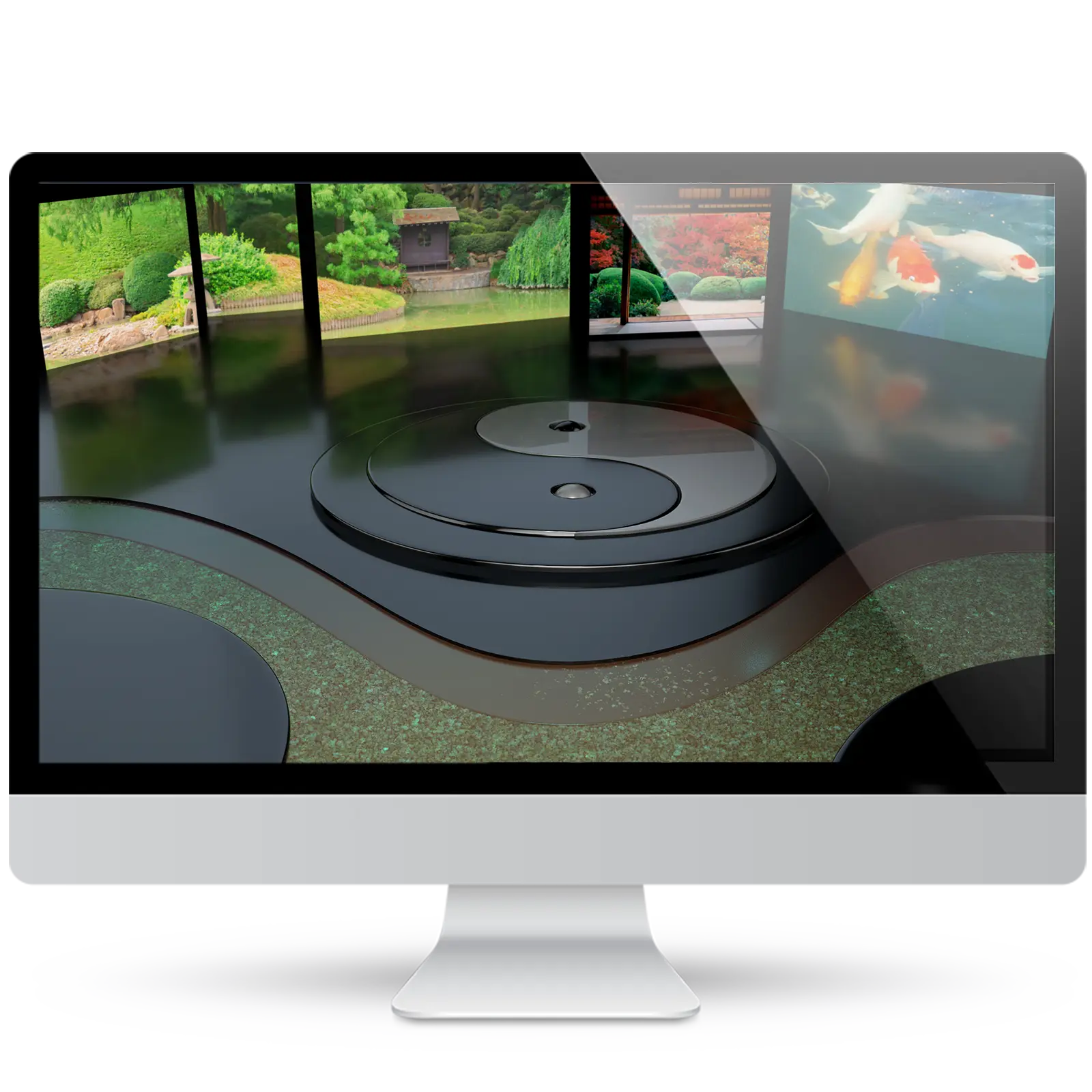 Desktop monitor showing a zen wallpaper: a glossy black yin-yang platform in a dark room, surrounded by panels of Japanese gardens, a pagoda pond and koi fish.